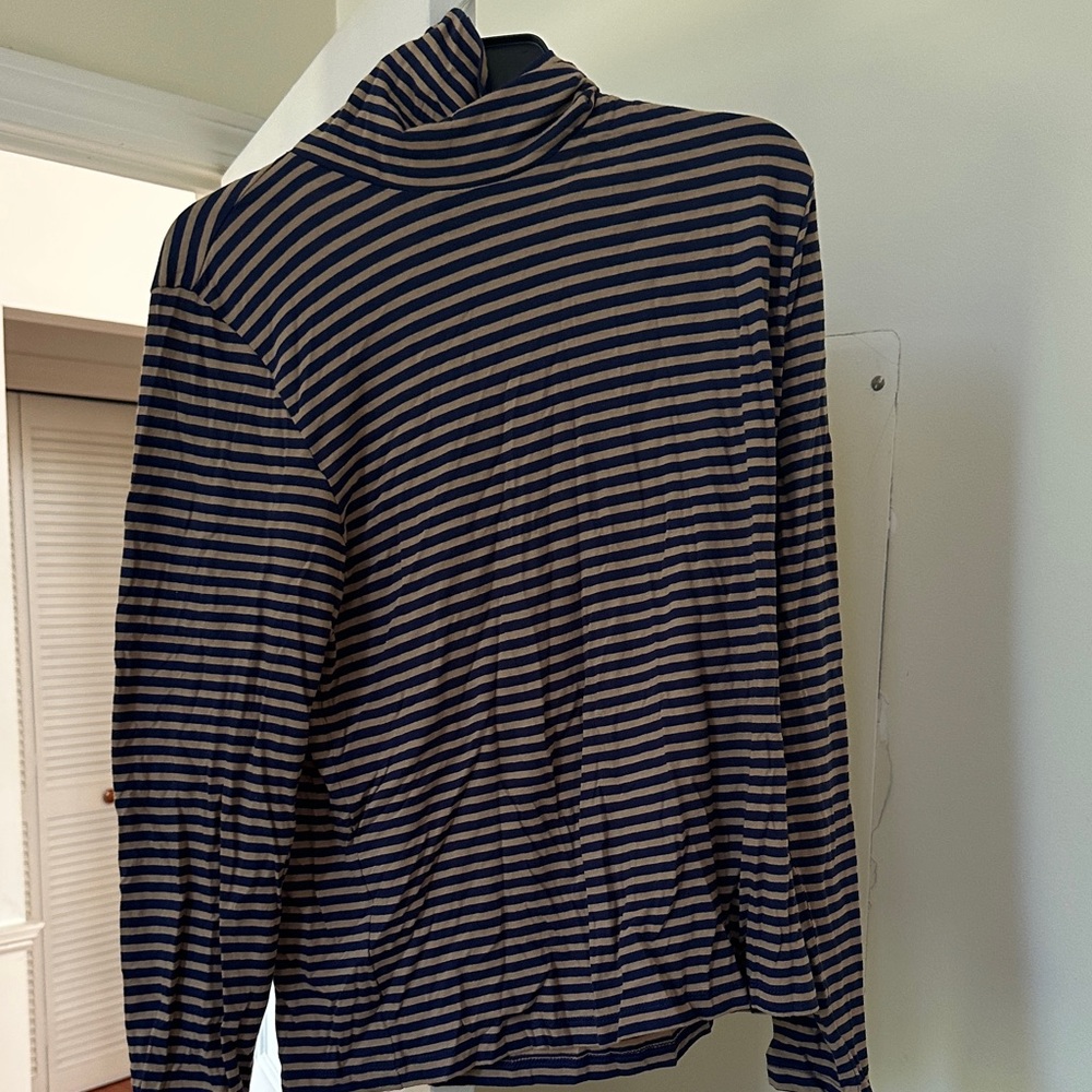 J. Crew Navy and Tan Striped Turtleneck Top